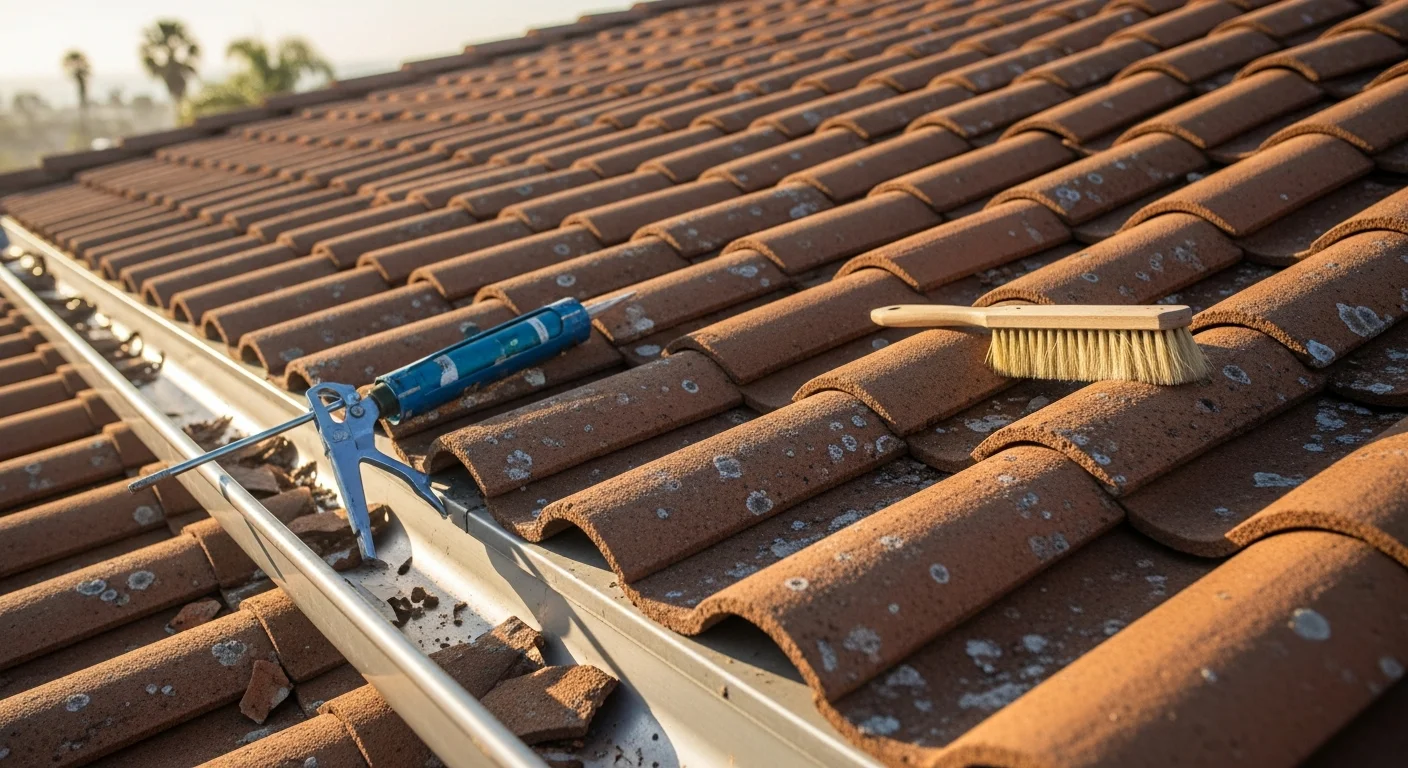 A roofing contractor from F-CON inspecting a tile roof on a residential home in San Diego, checking flashing and gutters for wear and debris. Close-up view shows clean, well-maintained roof surfaces under clear Southern California sky.
