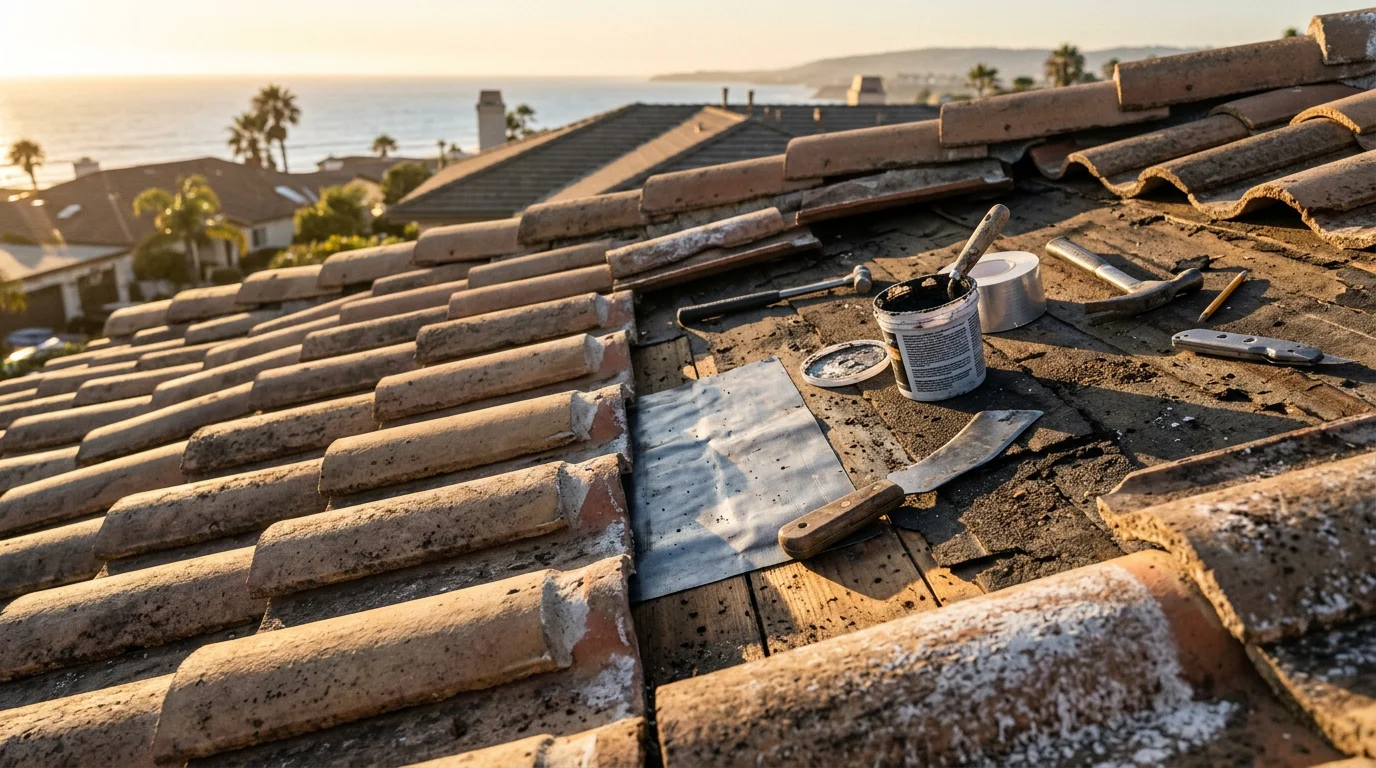A roofing professional from F-Con completing a tile roof patch on a San Diego residential home, with repaired flashing and reset tiles visible against a clear Southern California sky.
