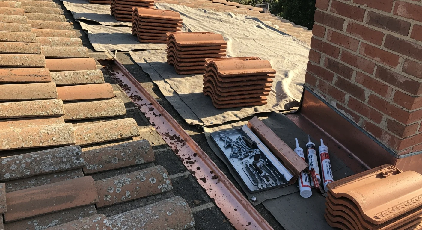 A roofing contractor repairing cracked clay tiles on a residential roof in San Diego, with blue sky visible in the background. Close-up view shows fresh underlayment being installed beneath the lifted tiles.