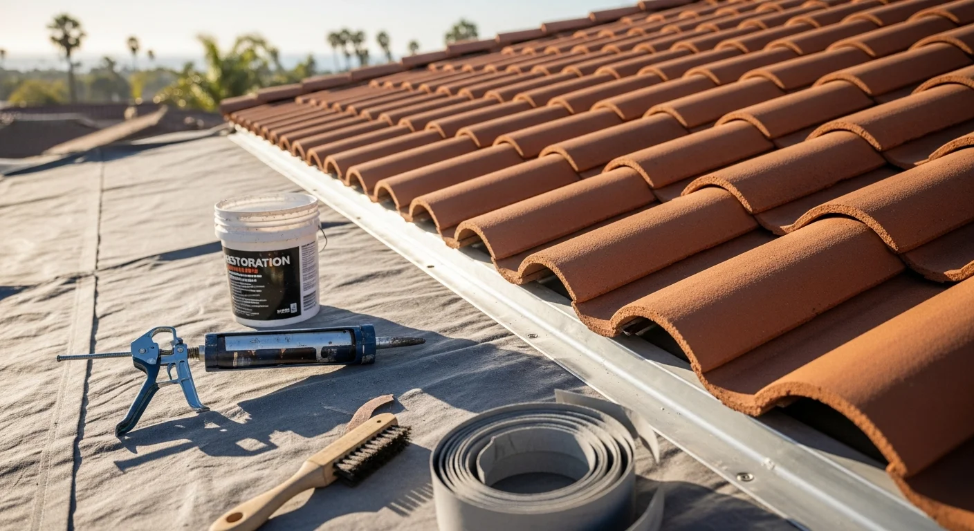 A San Diego residential roof after F-CON restoration work, showing cleaned tile surfaces and resealed flashing along the ridgeline. The home sits in a typical Southern California neighborhood with clear skies and mature landscaping visible in the background.