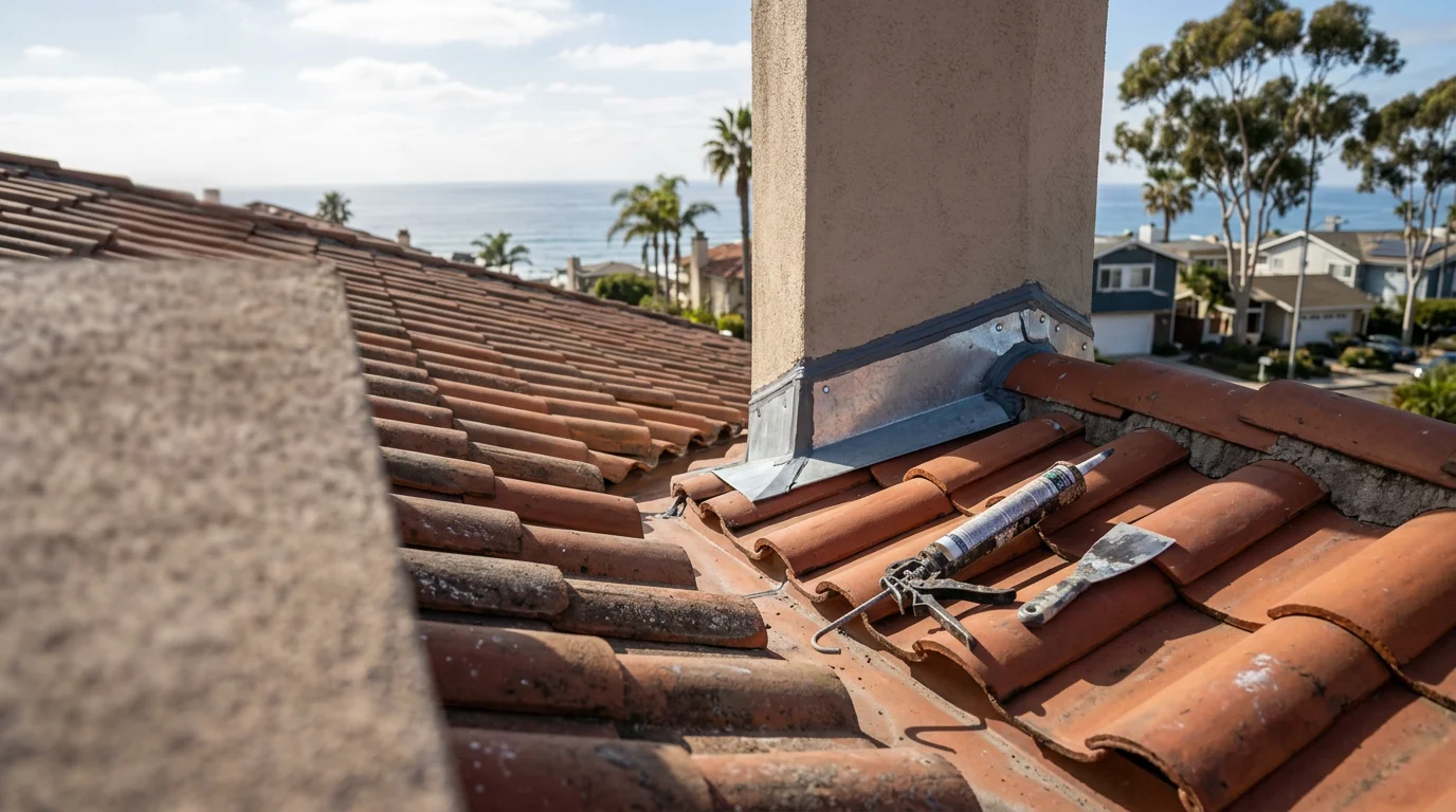 A roofing professional from F-Con inspecting and resealing flashing around a vent on a tile roof in a San Diego residential neighborhood. Close-up view shows hands applying sealant at a roof penetration point on a sunny Southern California day.