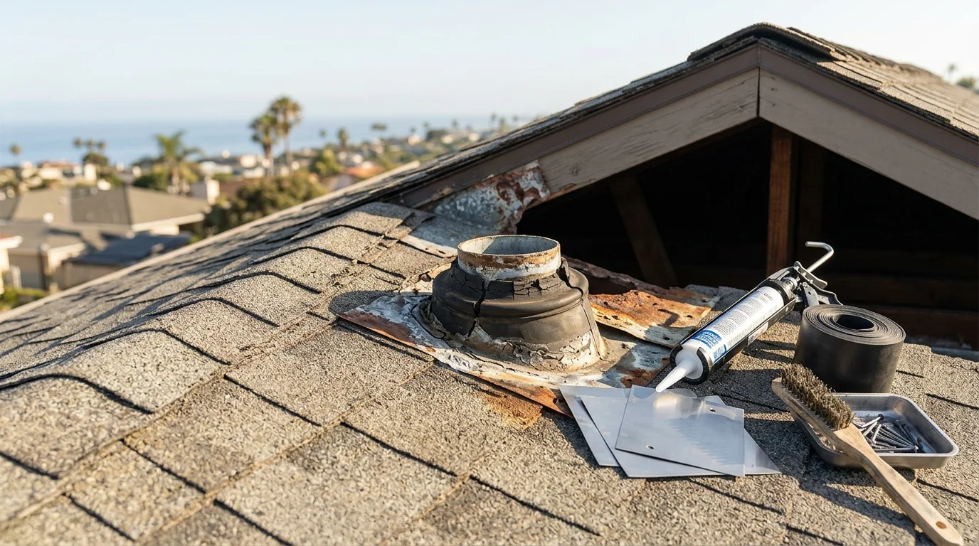 A roofing professional inspecting and repairing a damaged roof vent and surrounding flashing on a residential home in San Diego. Close-up view shows corroded vent boot and cracked sealant being addressed on a sun-weathered roof.