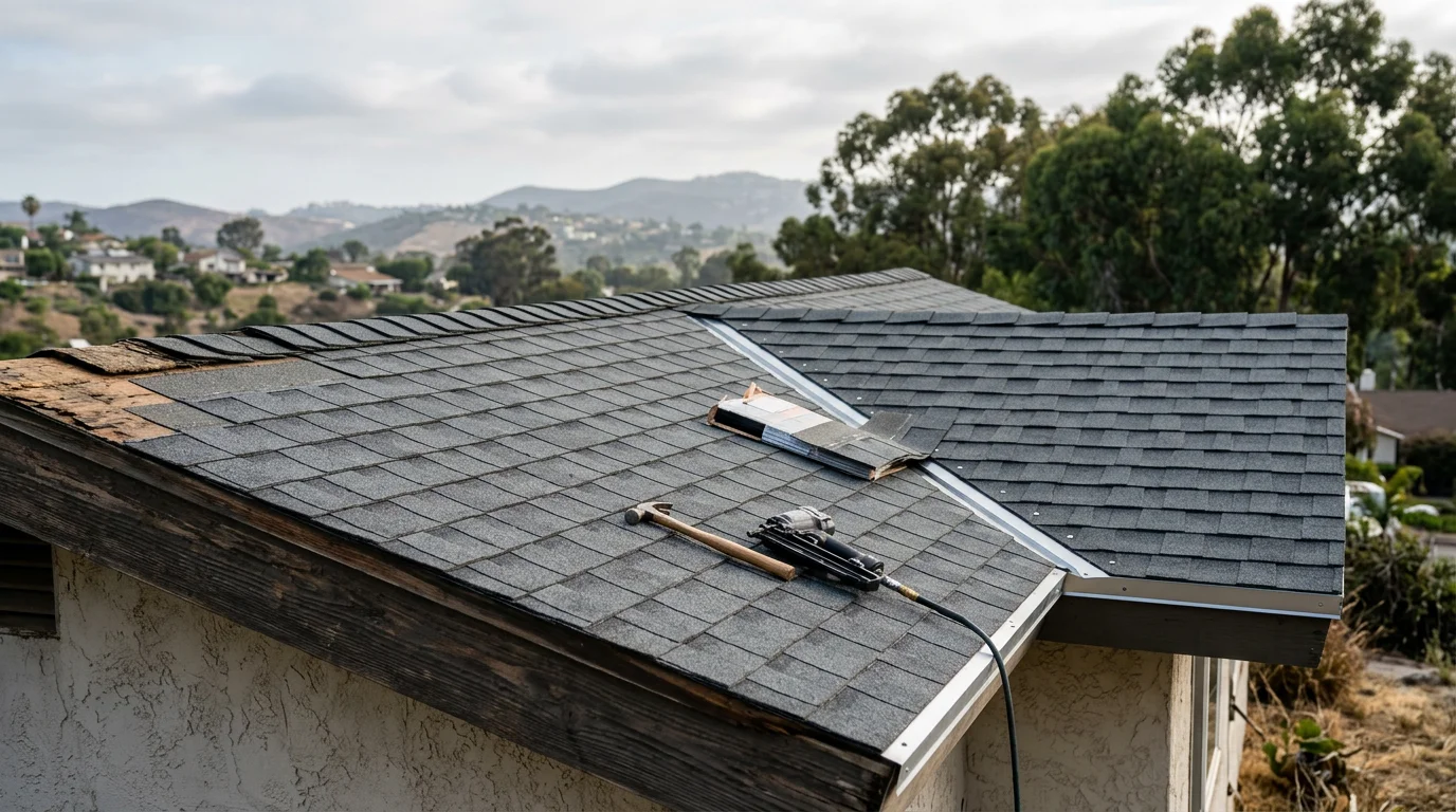 A completed residential roof replacement on a San Diego home, showing clean tile installation against a clear Southern California sky. The finished roof reflects the style common to Spanish and Mediterranean architecture found across communities like Rancho Santa Fe and Encinitas.