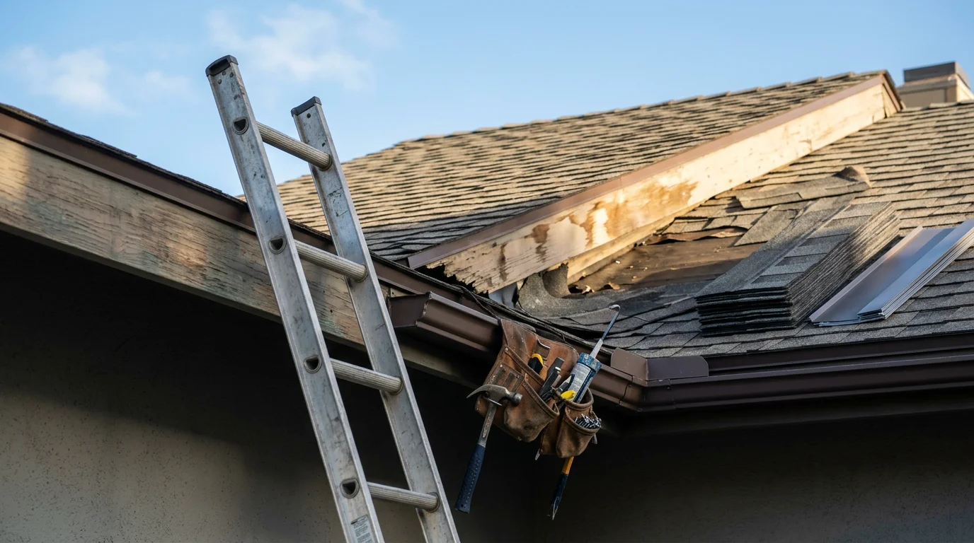 A roofing contractor repairing damaged clay roof tiles on a residential home in San Diego, with visible coastal hillside terrain in the background. Close-up view shows fresh flashing and secured tile work on a sloped roof.