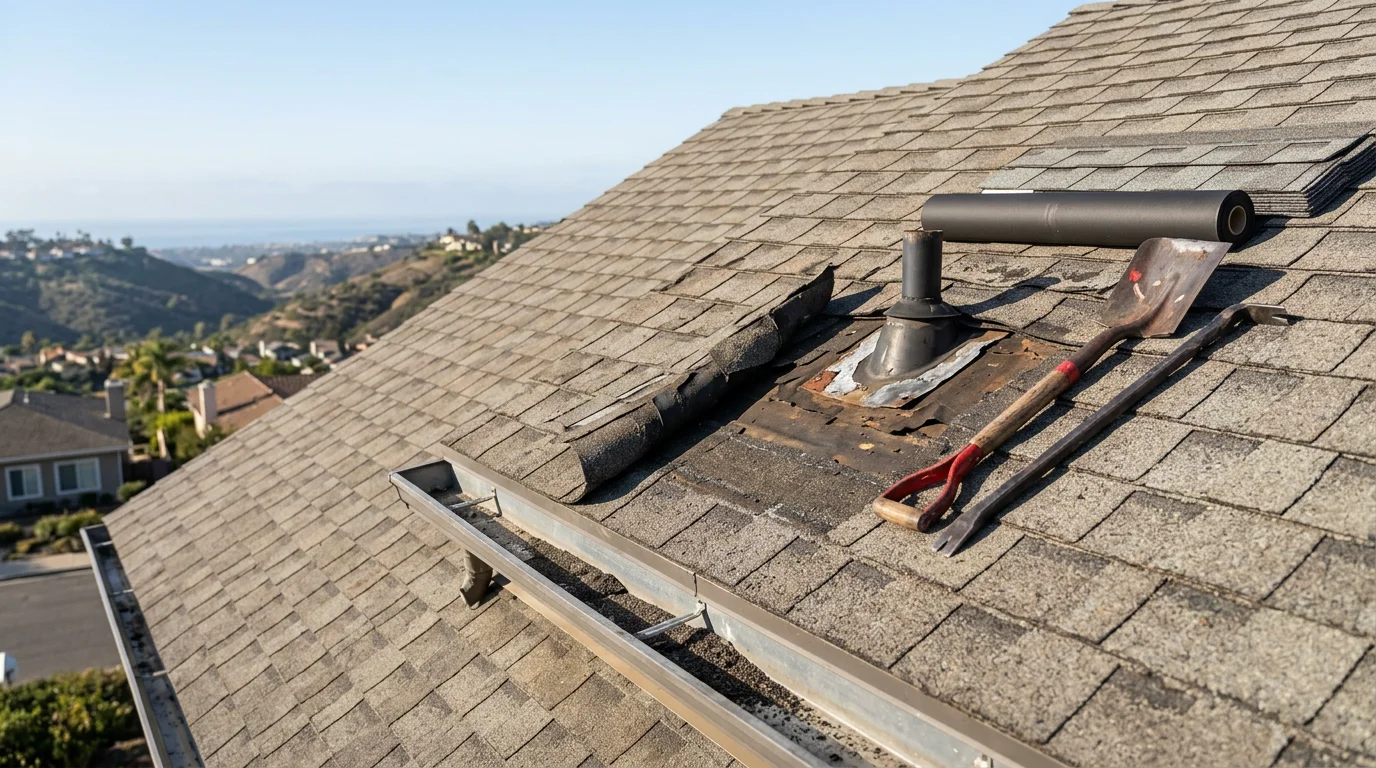 A San Diego roofing contractor replacing damaged shingles on a residential home, with repaired sections showing clean, properly sealed shingle rows against a clear Southern California sky.