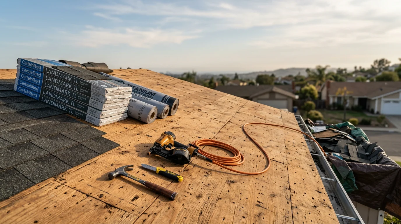 Freshly installed shingle roof on a single-family home in San Diego, showing clean ridge lines, uniform shingle layout, and new flashing around roof penetrations. The surrounding neighborhood reflects the mix of inland residential architecture common across communities like Poway and Escondido.