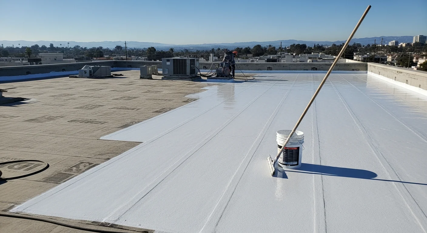 A white silicone coating freshly applied to a flat commercial roof in San Diego, with a smooth reflective surface covering seams and penetrations. The surrounding rooftop shows HVAC equipment and a clear blue sky typical of Southern California.