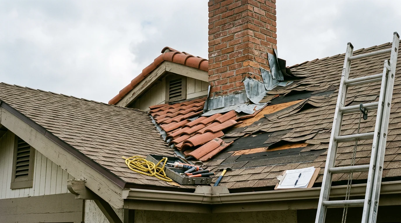 A San Diego residential roof showing lifted clay tiles and exposed underlayment after a Santa Ana wind event, with a roofing contractor inspecting the ridge line and flashing damage.