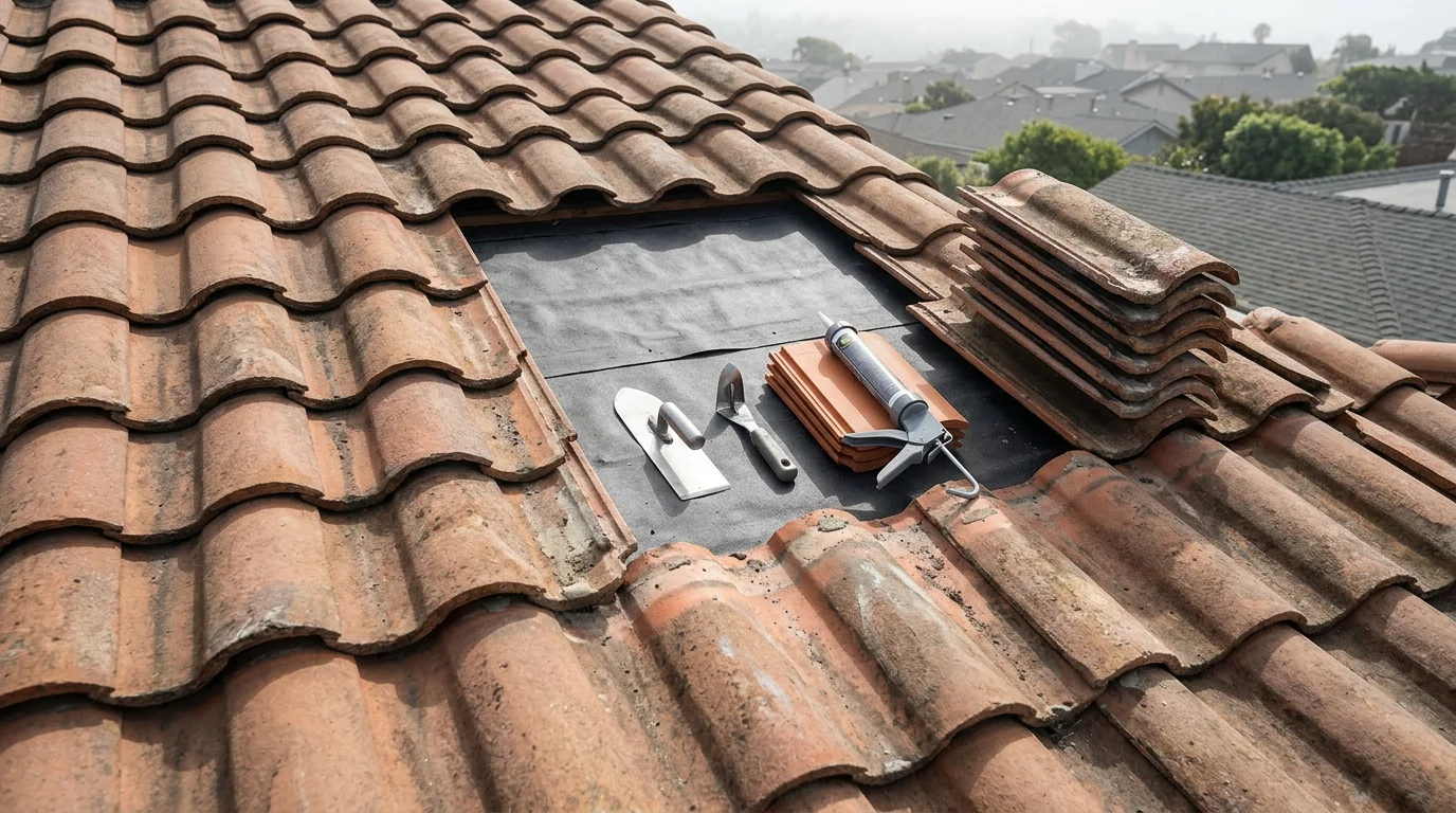 A tile roof on a San Diego residential home showing a roofing professional carefully lifting clay tiles to inspect and repair deteriorated underlayment. Coastal neighborhood rooftops are visible in the background.