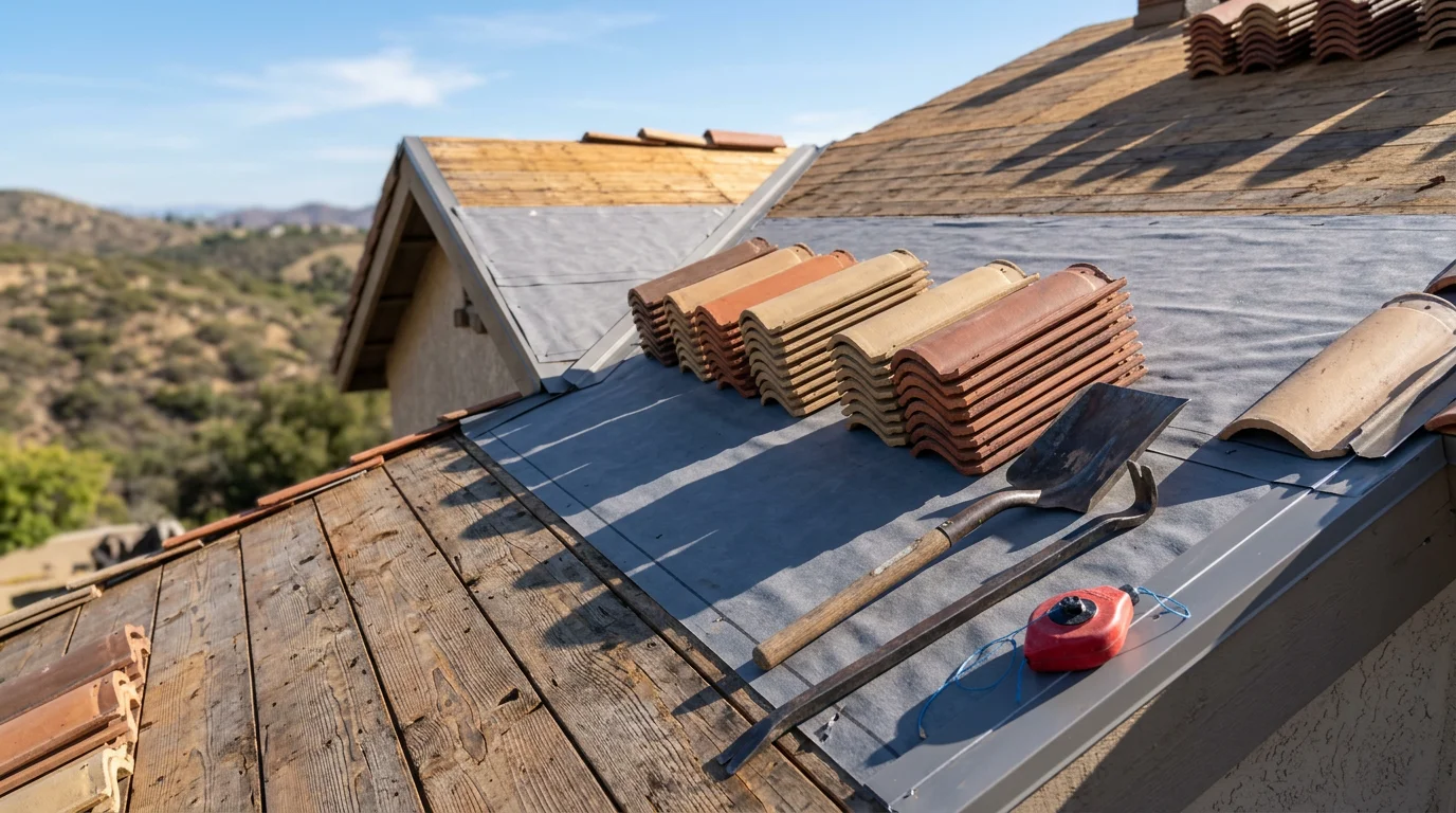 A completed tile roof replacement on a single-family home in San Diego, showing freshly installed clay tiles with new ridge caps and flashing against a clear Southern California sky. The roof deck and surrounding neighborhood rooftops are visible in the background.