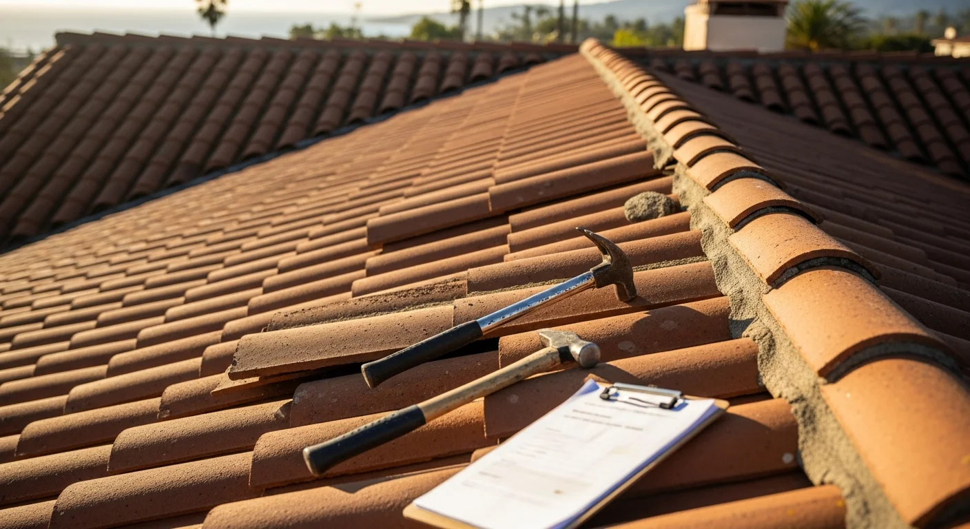 A San Diego residential home with a clay barrel tile roof showing clean ridge lines and intact tile courses under bright Southern California sunlight. A roofing contractor inspects the eave line and flashing detail on the completed tile installation.