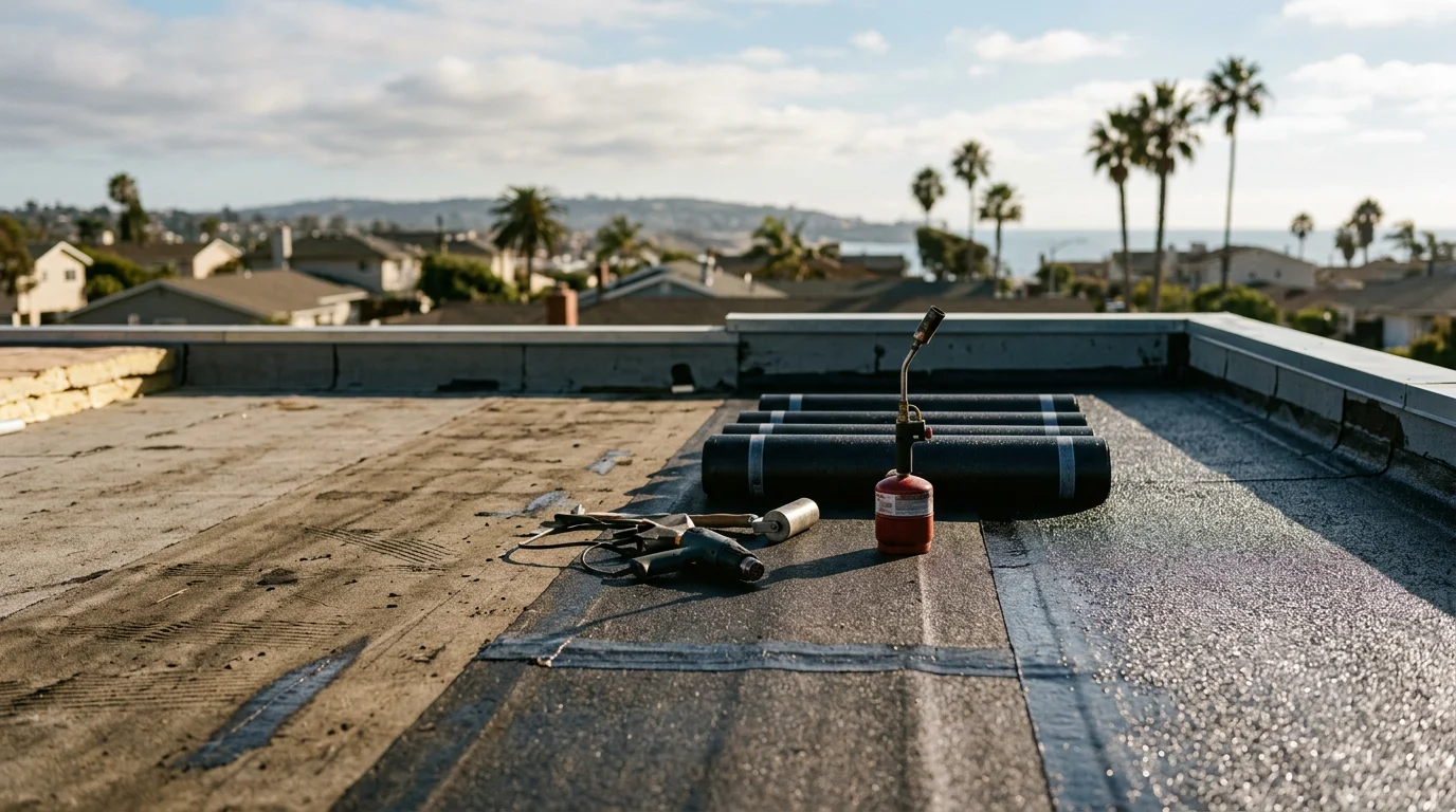 A freshly installed torch down roofing system on a flat residential roof in San Diego, showing a smooth granulated cap sheet membrane with clean edges and sealed flashing around a rooftop HVAC unit.
