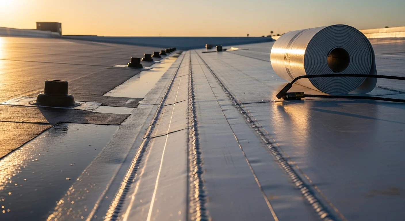 A completed TPO roofing installation on a flat commercial building rooftop in San Diego, showing white reflective membrane with heat-welded seams and rooftop drainage points. The surrounding San Diego skyline is visible in the background under clear blue sky.