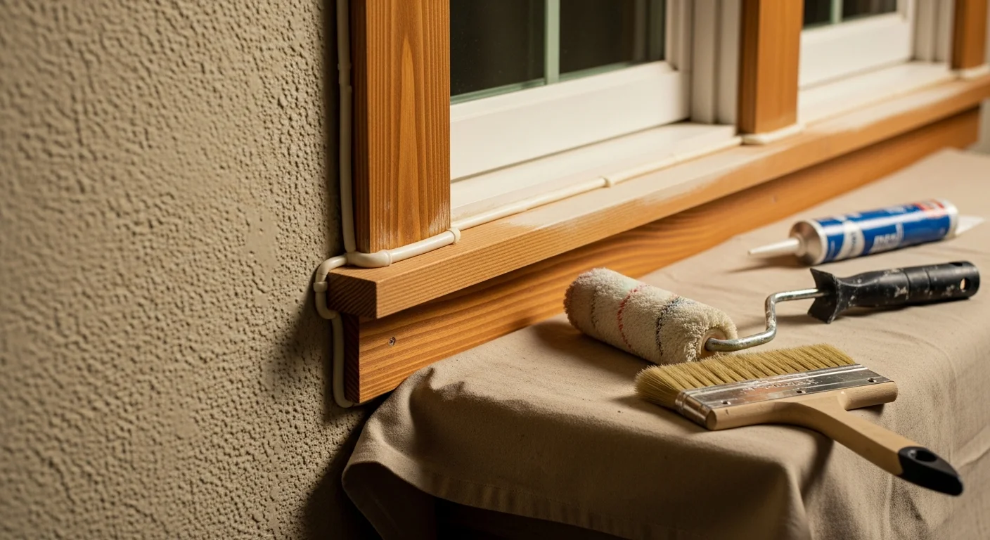 Freshly painted white semi-gloss trim around a window on the exterior of a stucco home in San Diego. Close-up view showing clean caulk lines and sharp edges against a warm-toned wall.