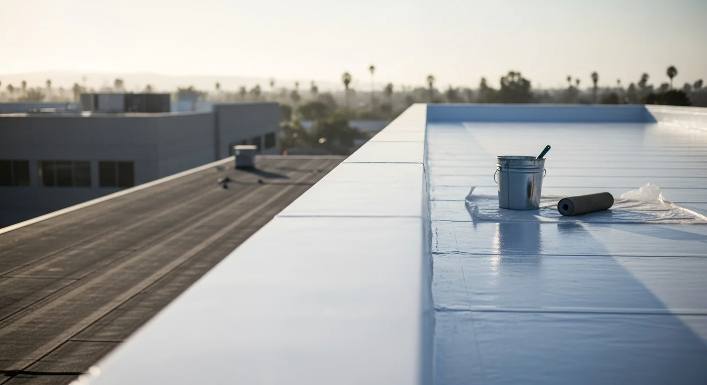 A flat rooftop on a San Diego residential property with a freshly applied waterproofing membrane, showing sealed seams and clean drainage points. The surrounding coastal environment is visible in the background.