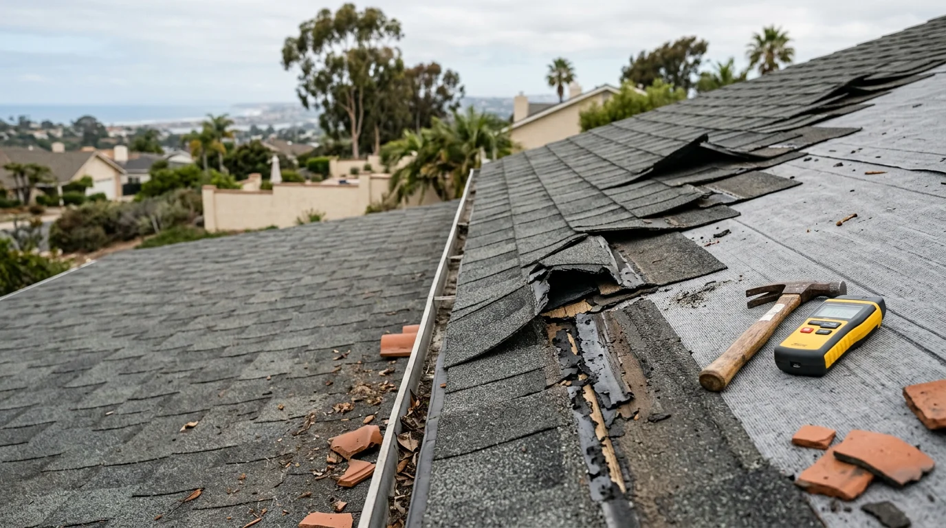 A San Diego roofing contractor inspecting lifted shingles and damaged ridge caps on a residential roof following a Santa Ana wind event. Close-up view shows displaced roofing materials and exposed underlayment on a single-family home in San Diego County.
